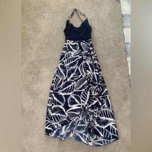 Elegant Navy and White Leaf Print Dress